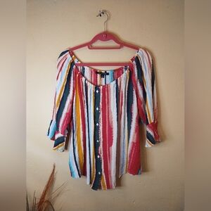 Zac & Rachelle Women's Striped Multicolor Off-Shoulder Wm Button Up Top XL